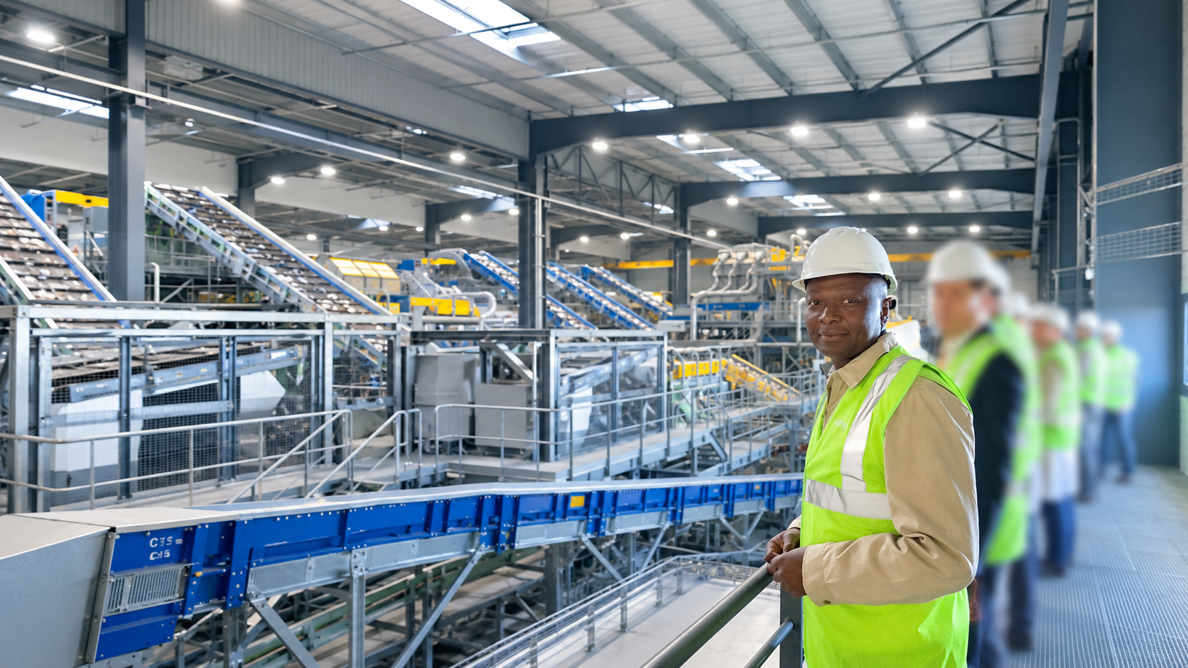 Ingénieurs en visite technique dans un centre de tri et de recyclage