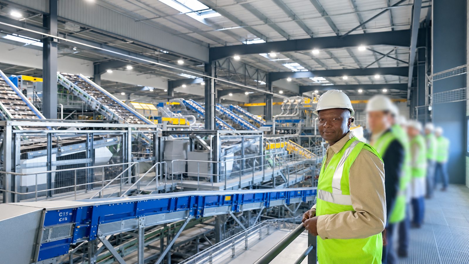 Ingénieurs en visite technique dans un centre de tri et de recyclage